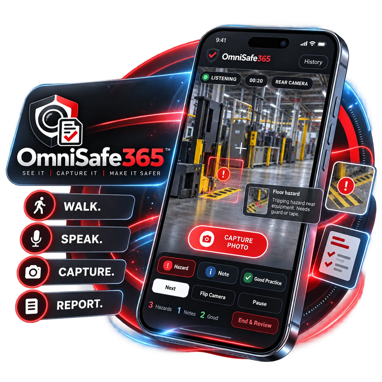 OmniSafe365 inspection app showing the Walk, Speak, Capture, Report workflow
