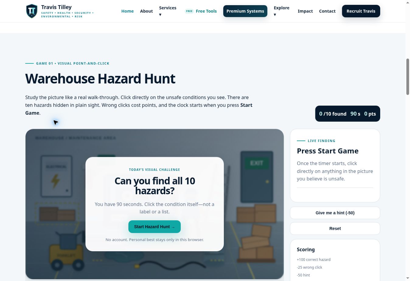 Interactive Hazard Hunt safety game on TravisTilley.com