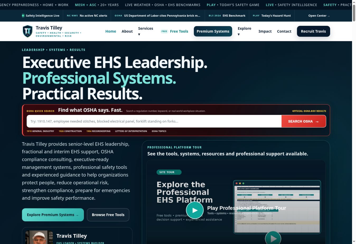 TravisTilley.com homepage showing the prominent OSHA Quick Search and professional EHS platform