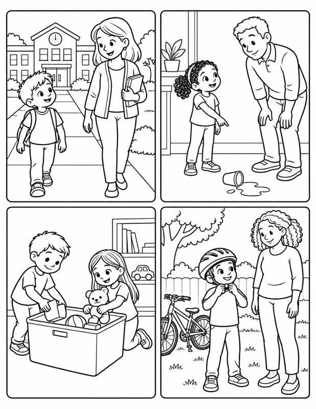 Four coloring scenes showing children walking, telling an adult, tidying toys and preparing a bike helmet