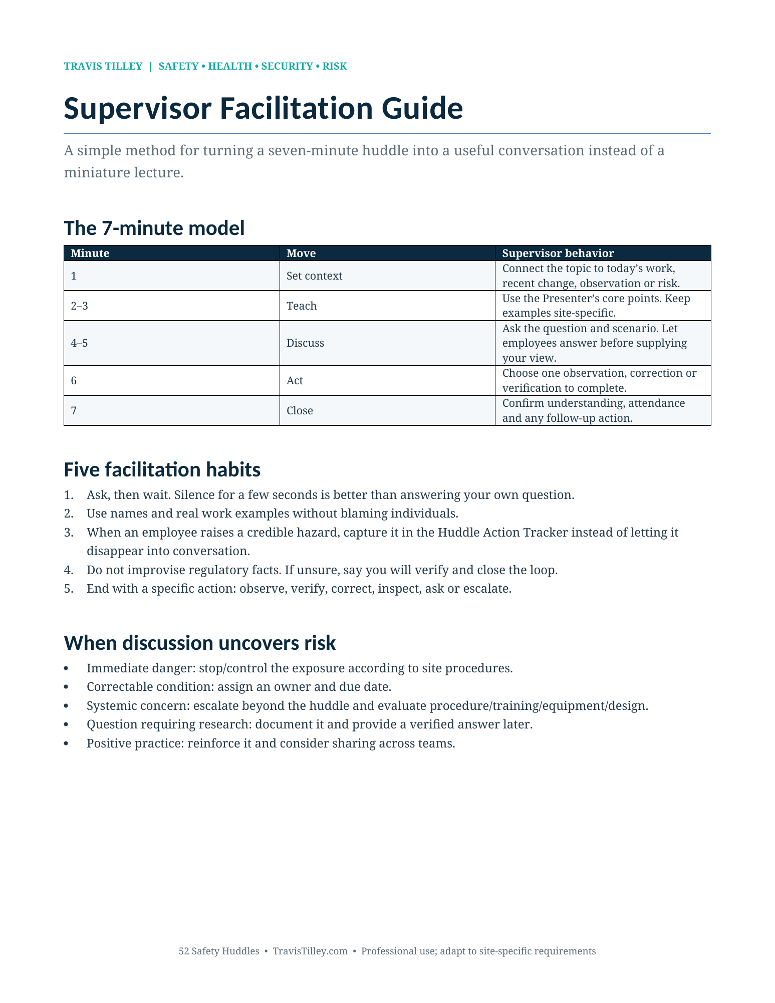 Supervisor Facilitation Guide preview for safety huddles supervisor edition