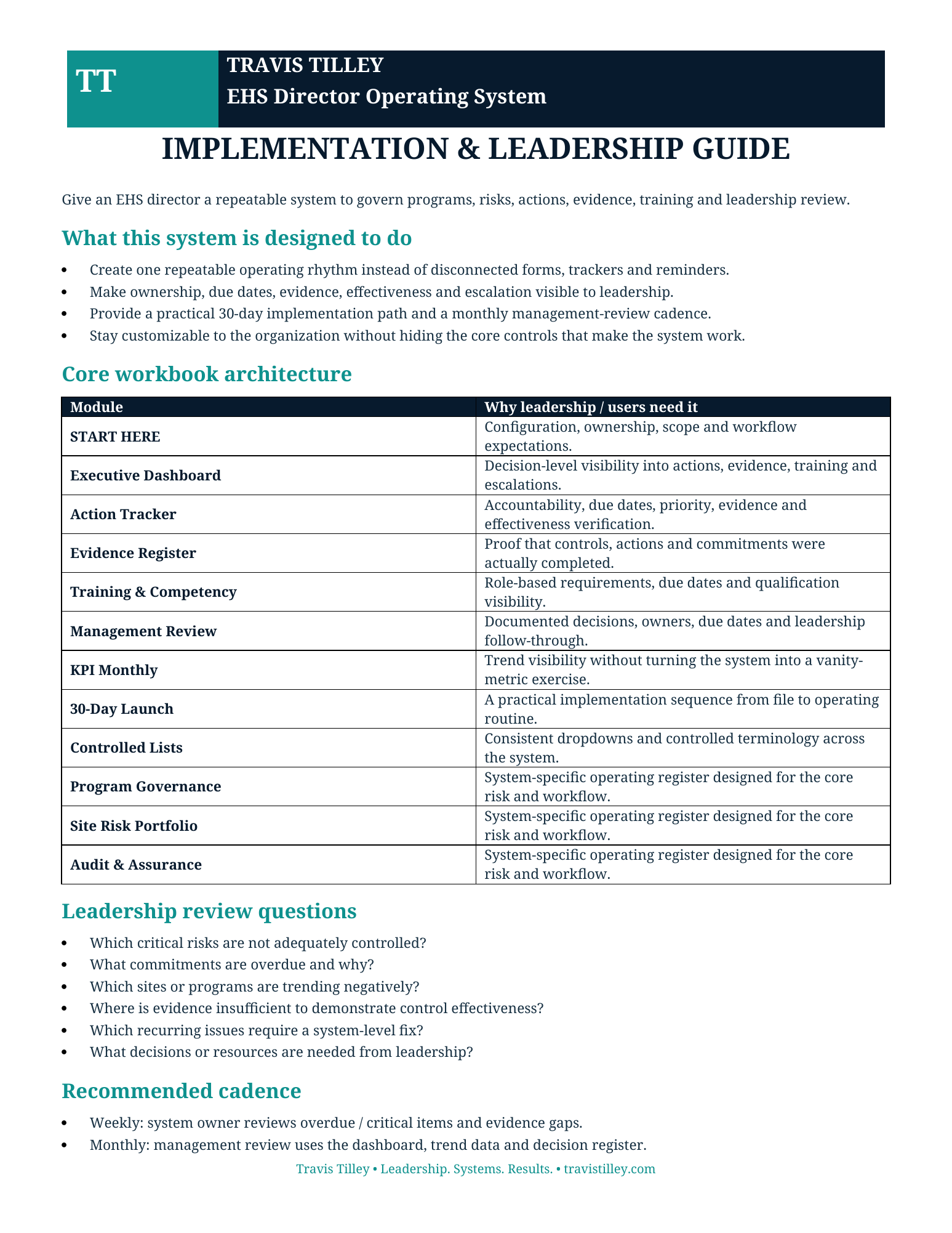 Implementation & Leadership Guide preview for ehs director operating system