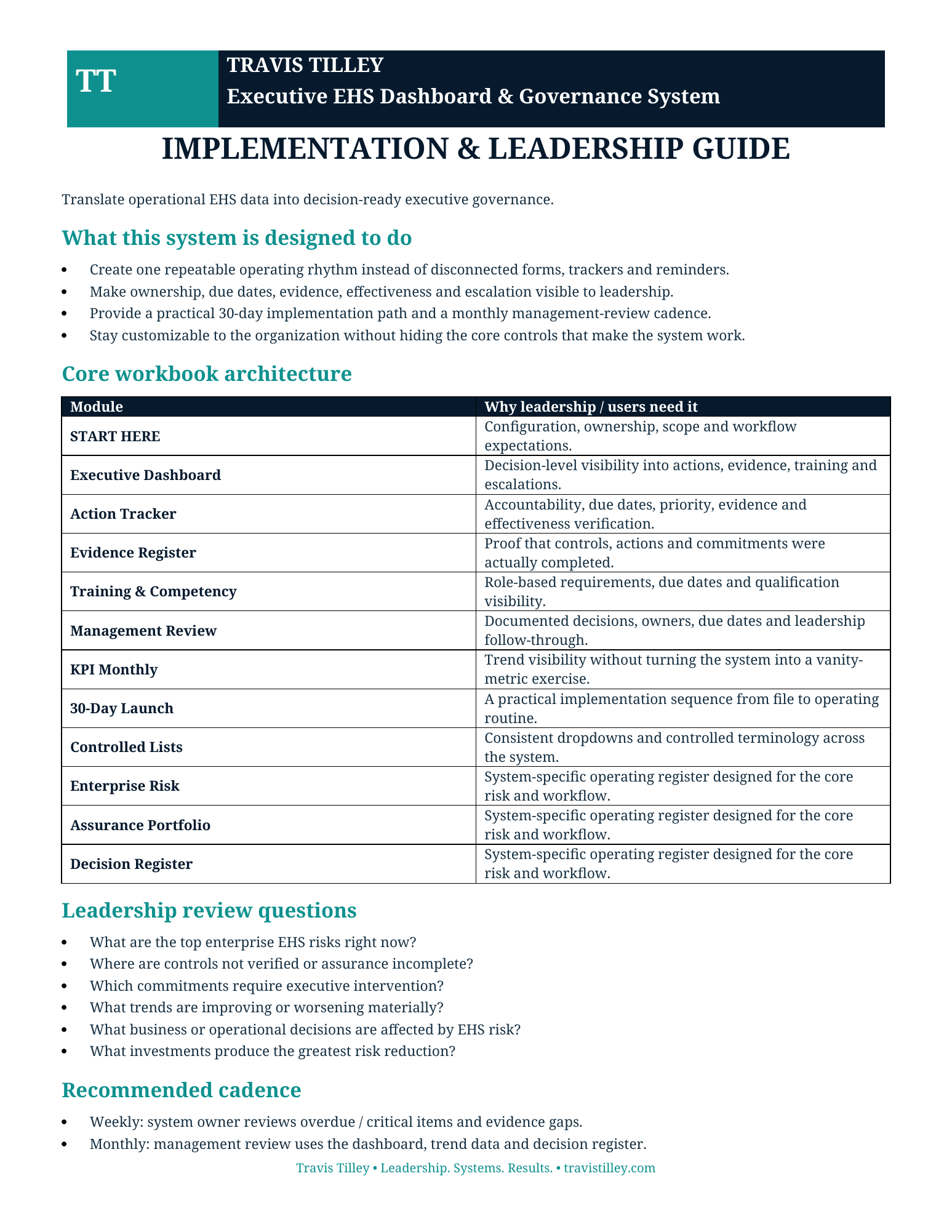 Implementation & Leadership Guide preview for executive ehs dashboard governance system