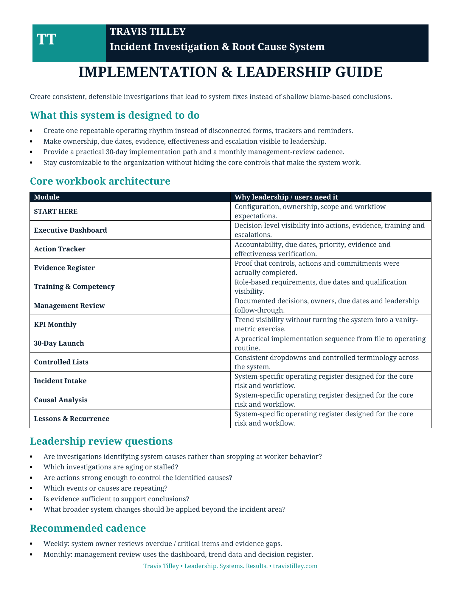 Implementation & Leadership Guide preview for incident investigation root cause system