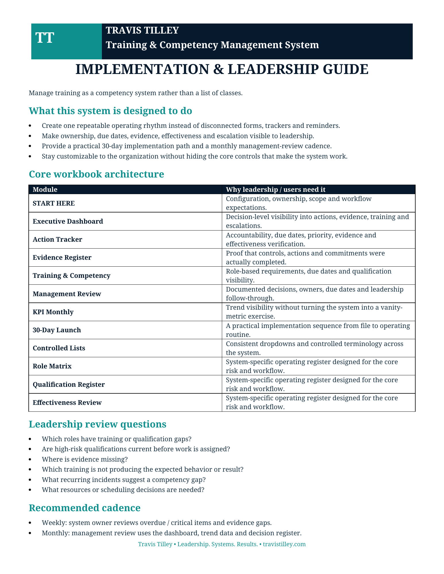 Implementation & Leadership Guide preview for training competency management system