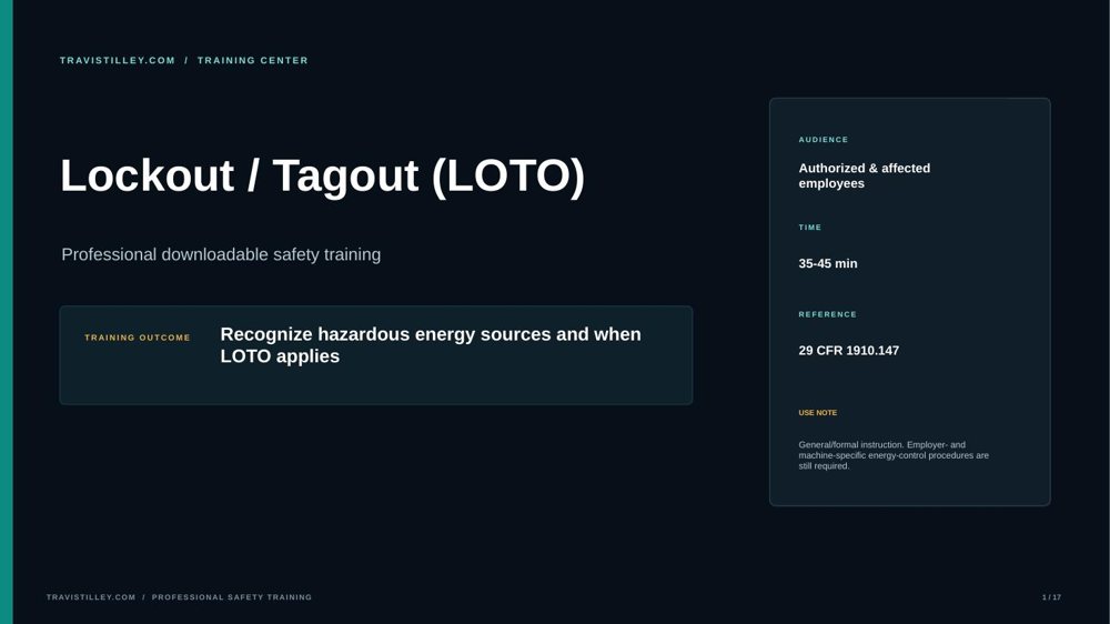 Preview of Lockout / Tagout (LOTO) training presentation